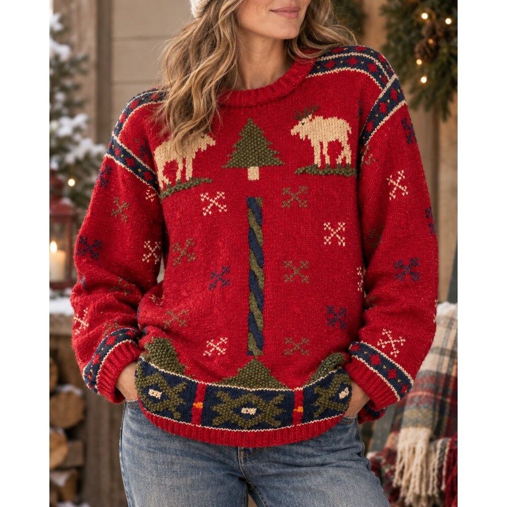Vintage Portraits Northern Isles Sweater Womens Medium Red Moose Christmas 90s